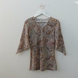 A‎ Byer Top Womens Size XS V Neck Flared Paisley Blouse Slit Western Boho Brown